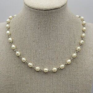 Vintage Anne Klein Whie Faux Pearl Necklace Silver-Tone 15.5 In Signed AKI